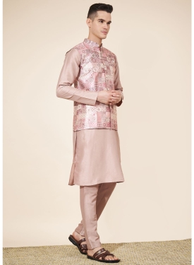 Men's Onion Pink Jacquard Kurta Set with Woven Nehru Jacket