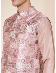 Men's Onion Pink Jacquard Kurta Set with Woven Nehru Jacket