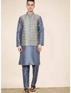 Men’s Slate Grey Kurta Set with Silver Jacquard Jacket