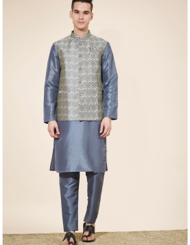 Men’s Slate Grey Kurta Set with Silver Jacquard Jacket