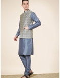 Men’s Slate Grey Kurta Set with Silver Jacquard Jacket