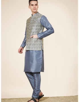 Men’s Slate Grey Kurta Set with Silver Jacquard Jacket
