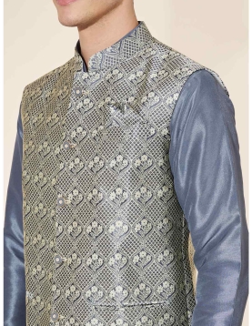 Men’s Slate Grey Kurta Set with Silver Jacquard Jacket