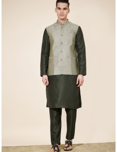 Men's Olive Green Jacquard Kurta Set with Woven Nehru Jacket