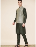 Men's Olive Green Jacquard Kurta Set with Woven Nehru Jacket