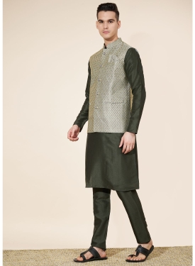 Men's Olive Green Jacquard Kurta Set with Woven Nehru Jacket