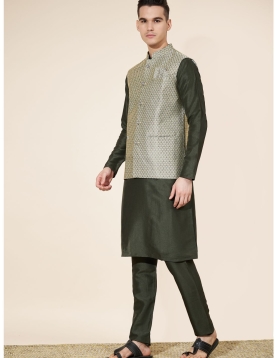 Men's Olive Green Jacquard Kurta Set with Woven Nehru Jacket