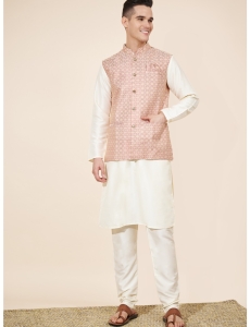Men's Pastel Peach & Cream Jacquard Kurta Set with Woven Jacket