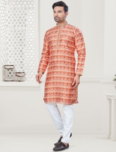 Men's Orange Digital Print Kurta Pajama Set