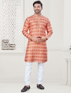 Men's Orange Digital Print Kurta Pajama Set