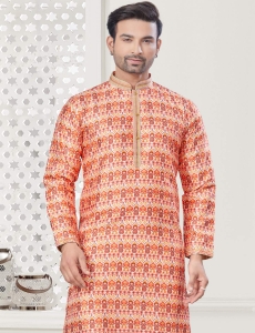 Men's Orange Digital Print Kurta Pajama Set
