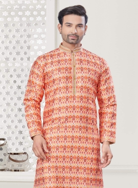 Men's Orange Digital Print Kurta Pajama Set