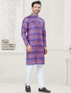 Men's Digital Print Blue Kurta Pajama Set