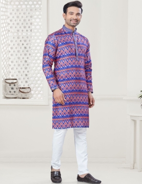 Men's Digital Print Blue Kurta Pajama Set