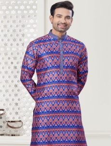 Men's Digital Print Blue Kurta Pajama Set