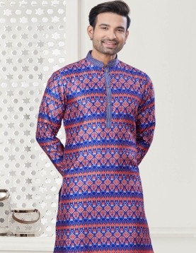 Men's Digital Print Blue Kurta Pajama Set