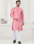 Men's Digital Print Pink Kurta Pajama Set