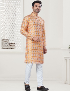 Men's Digital Print Yellow Kurta Pajama Set