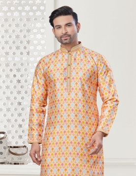 Men's Digital Print Yellow Kurta Pajama Set