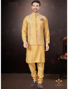 Men's Mustard Yellow Kurta Pajama Set with Mirror and Embroidered Nehru Jacket