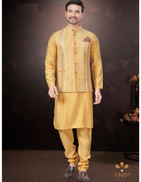 Men's Mustard Yellow Kurta Pajama Set with Mirror and Embroidered Nehru Jacket
