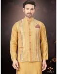 Men's Mustard Yellow Kurta Pajama Set with Mirror and Embroidered Nehru Jacket