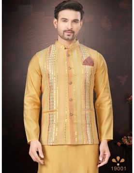 Men's Mustard Yellow Kurta Pajama Set with Mirror and Embroidered Nehru Jacket