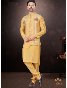 Men's Mustard Yellow Kurta Pajama Set with Mirror and Embroidered Nehru Jacket