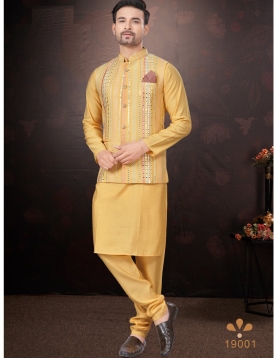 Men's Mustard Yellow Kurta Pajama Set with Mirror and Embroidered Nehru Jacket