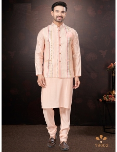 Men's Pink Kurta Pajama Set with Mirror and Embroidered Work Jacket