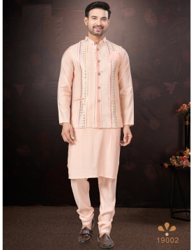 Men's Pink Kurta Pajama Set with Mirror and Embroidered Work Jacket