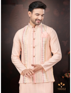 Men's Pink Kurta Pajama Set with Mirror and Embroidered Work Jacket