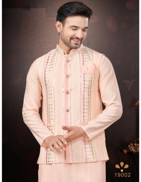 Men's Pink Kurta Pajama Set with Mirror and Embroidered Work Jacket