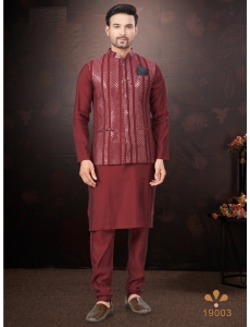 Men's Maroon Kurta Pajama Set with Mirror and Embroidered Work Jacket