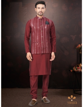 Men's Maroon Kurta Pajama Set with Mirror and Embroidered Work Jacket