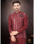 Men's Maroon Kurta Pajama Set with Mirror and Embroidered Work Jacket