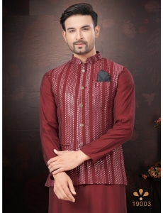 Men's Maroon Kurta Pajama Set with Mirror and Embroidered Work Jacket