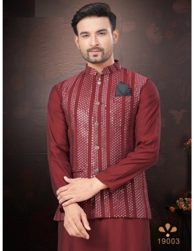 Men's Maroon Kurta Pajama Set with Mirror and Embroidered Work Jacket