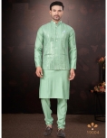 Men's Teal Green Kurta Pajama Set with Mirror and Embroidered Work Jacket
