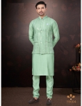 Men's Teal Green Kurta Pajama Set with Mirror and Embroidered Work Jacket