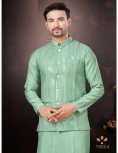 Men's Teal Green Kurta Pajama Set with Mirror and Embroidered Work Jacket