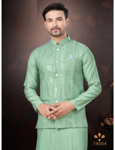 Men's Teal Green Kurta Pajama Set with Mirror and Embroidered Work Jacket