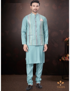 Men's Sky Blue Kurta Pajama Set with Mirror and Embroidered Work Jacket