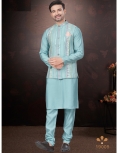 Men's Sky Blue Kurta Pajama Set with Mirror and Embroidered Work Jacket