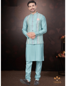 Men's Sky Blue Kurta Pajama Set with Mirror and Embroidered Work Jacket