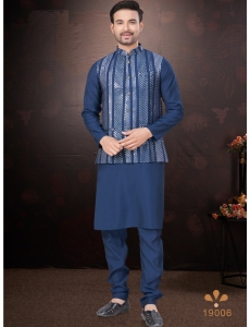 Men's Navy Blue Kurta Pajama Set with Mirror and Embroidered Work Jacket