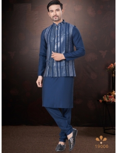 Men's Navy Blue Kurta Pajama Set with Mirror and Embroidered Work Jacket