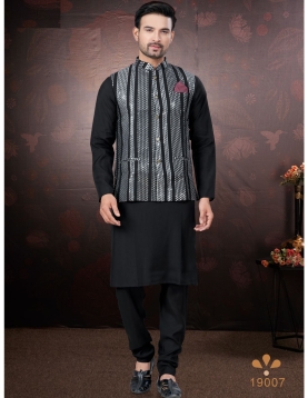 Men's Black Kurta Pajama Set with Mirror and Embroidered Work Jacket