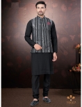 Men's Black Kurta Pajama Set with Mirror and Embroidered Work Jacket