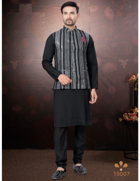 Men's Black Kurta Pajama Set with Mirror and Embroidered Work Jacket